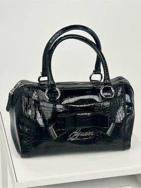 GUESS Alexis Black Patent Croc Bow Satchel Handbag Y2K McBling Silver